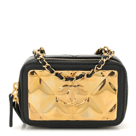  Chanel Lambskin Quilted Mini Golden Plate Clutch With Chain Black