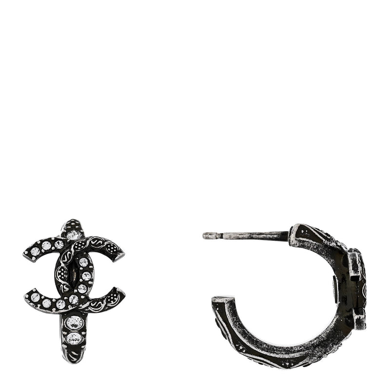  Chanel Metal Crystal CC Hoop Earrings Silver