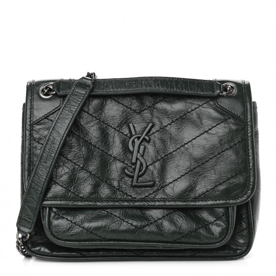 Saint Laurent Crinkled Calfskin Matelasse Monogram Baby Niki Chain Satchel Dark Green Image 1