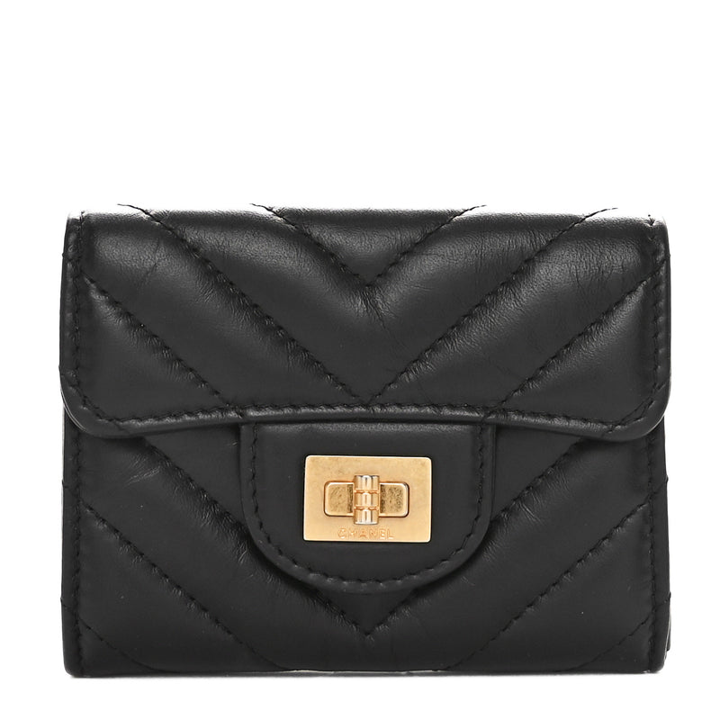  Chanel Aged Calfskin Chevron Quilted Reissue Card Holder Wallet Black