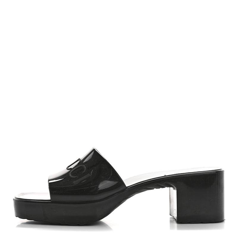  Gucci Rubber Logo Womens Platform 20/60mm Slide Sandals 35 Black