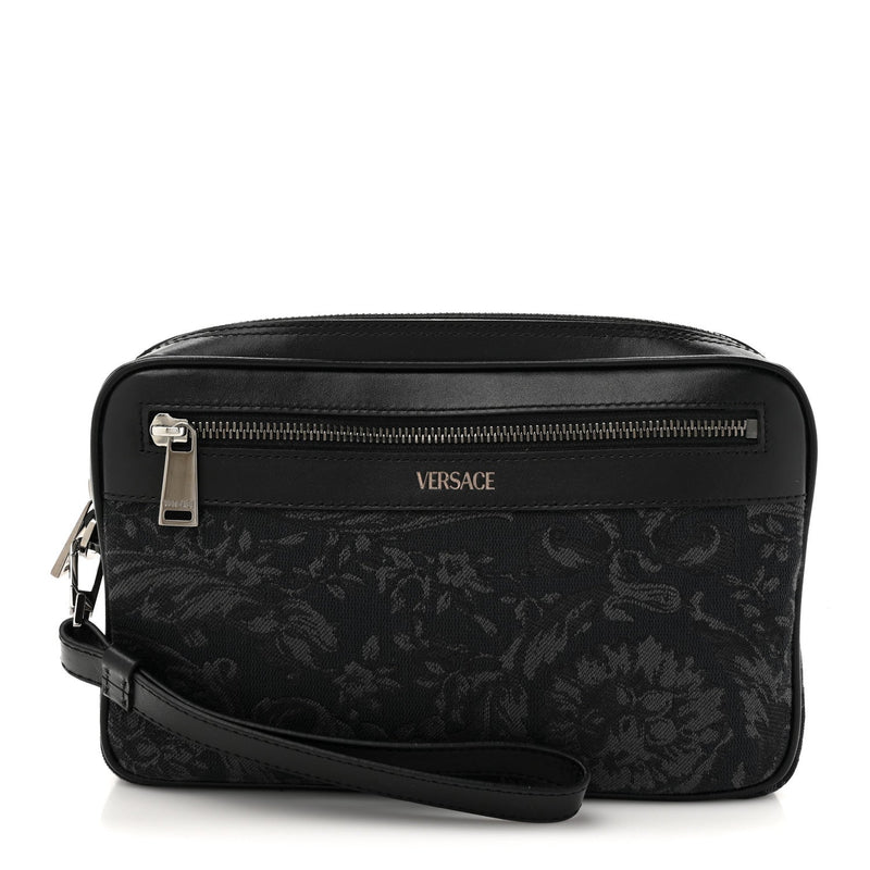  Versace Fabric Jacquard Calfskin Barocco Wristlet Pouch Black