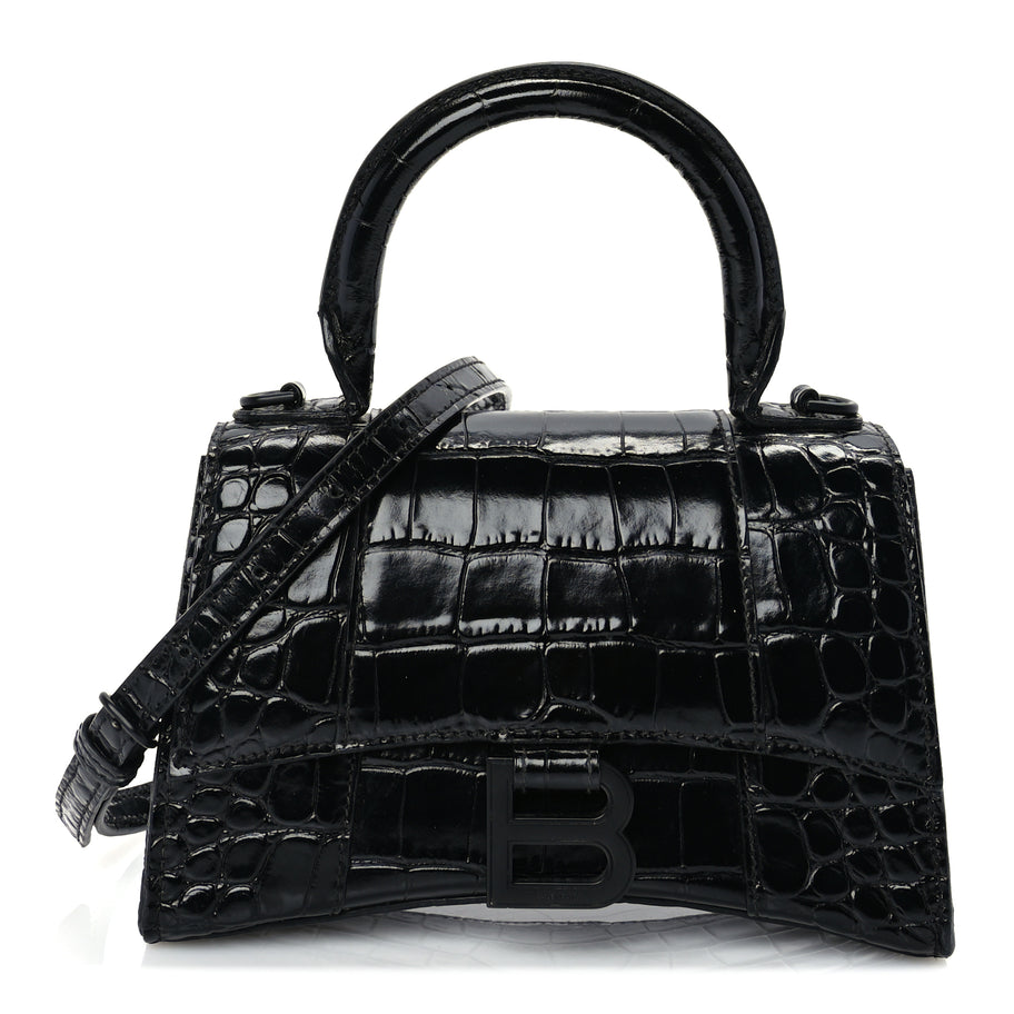 Balenciaga Shiny Calfskin Monochrome Crocodile Embossed Hourglass Top Handle Bag XS Black Image 1