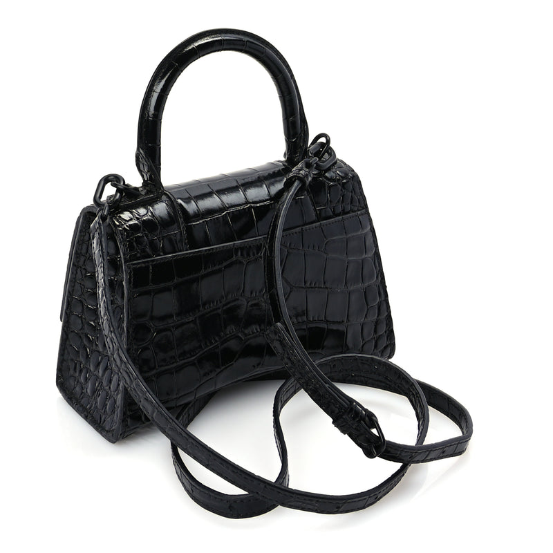  Balenciaga Shiny Calfskin Monochrome Crocodile Embossed Hourglass Top Handle Bag XS Black