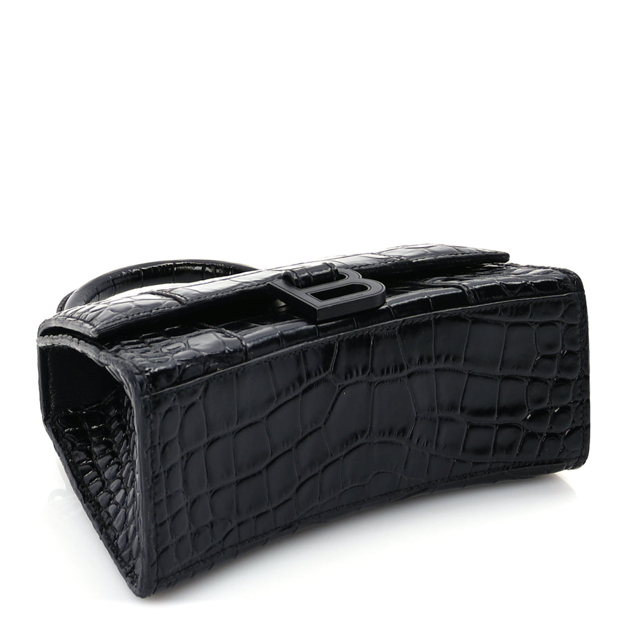 Balenciaga Shiny Calfskin Monochrome Crocodile Embossed Hourglass Top Handle Bag XS Black Image 3