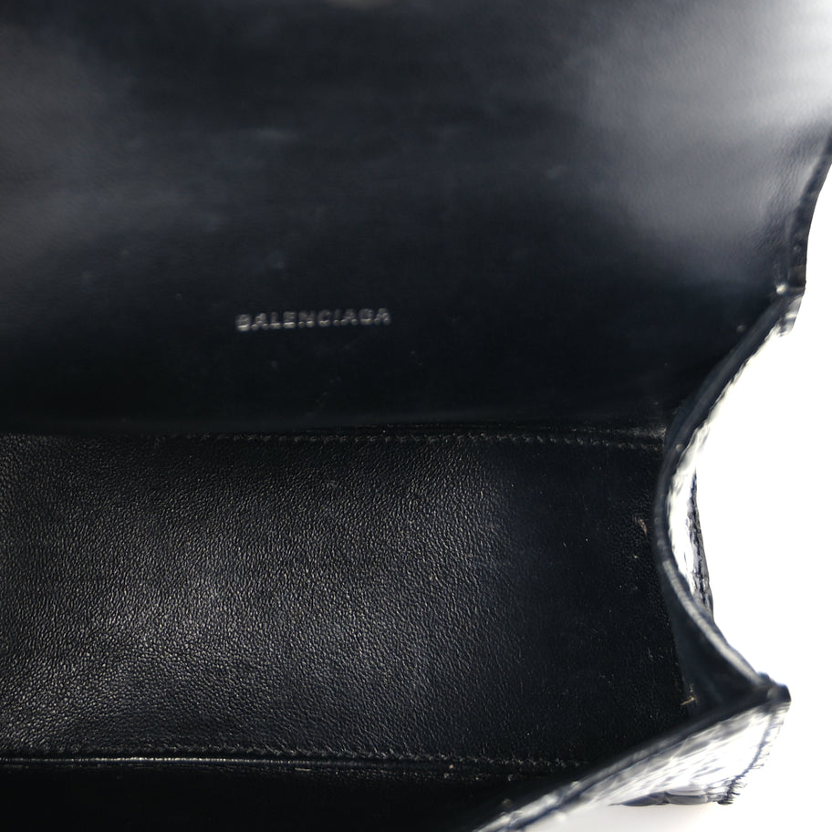Balenciaga Shiny Calfskin Monochrome Crocodile Embossed Hourglass Top Handle Bag XS Black Image 4