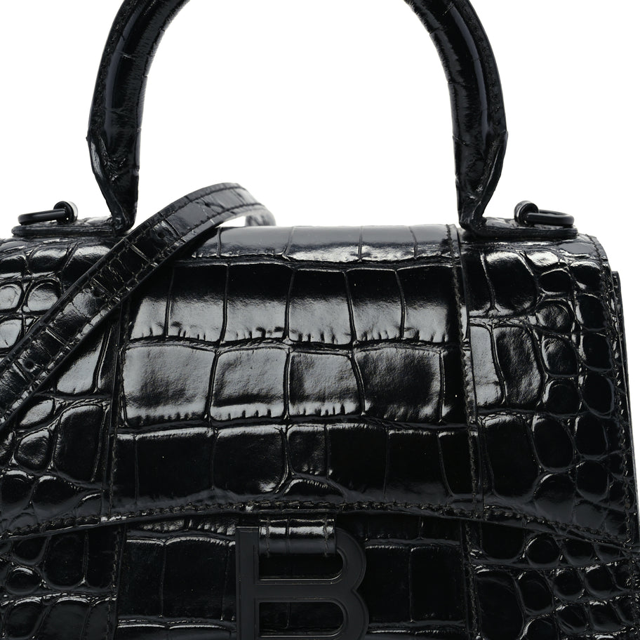 Balenciaga Shiny Calfskin Monochrome Crocodile Embossed Hourglass Top Handle Bag XS Black Image 6
