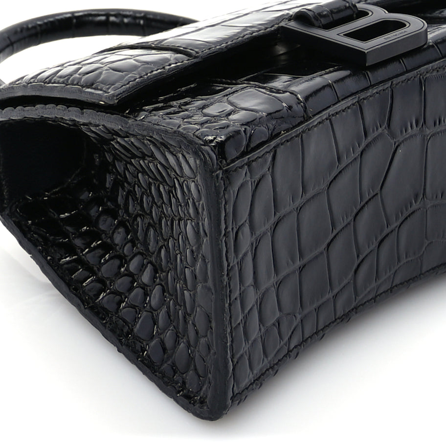 Balenciaga Shiny Calfskin Monochrome Crocodile Embossed Hourglass Top Handle Bag XS Black Image 7