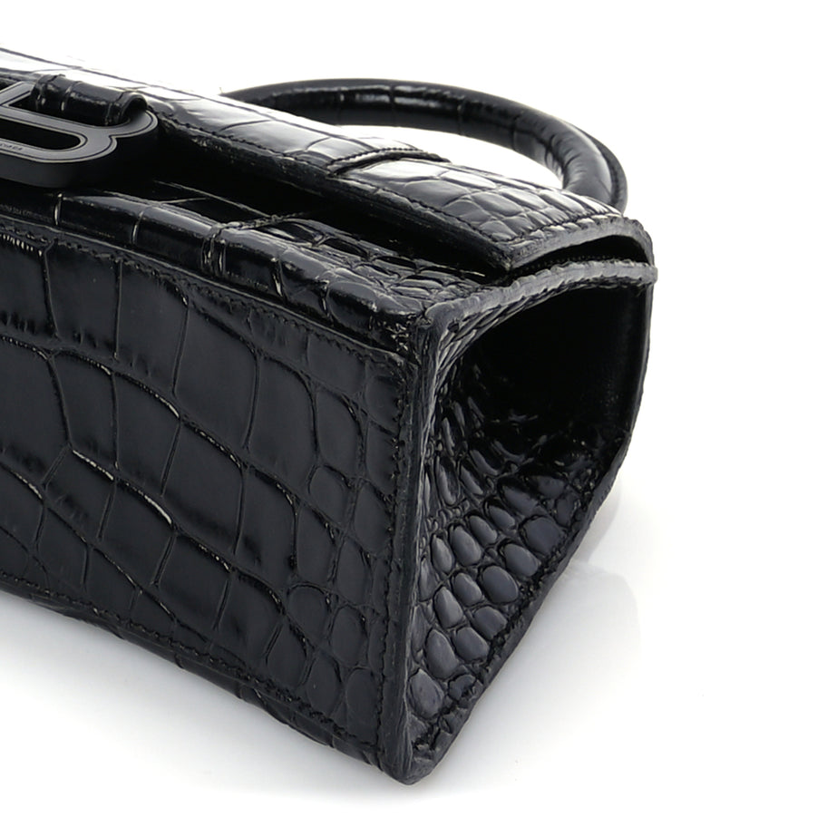 Balenciaga Shiny Calfskin Monochrome Crocodile Embossed Hourglass Top Handle Bag XS Black Image 8
