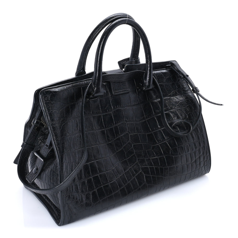 Saint Laurent Calfskin Crocodile Embossed Small Monogram Cabas Black Image 2