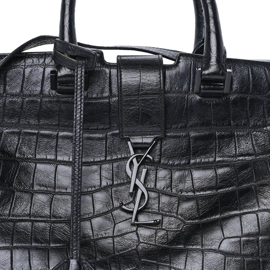Saint Laurent Calfskin Crocodile Embossed Small Monogram Cabas Black Image 6