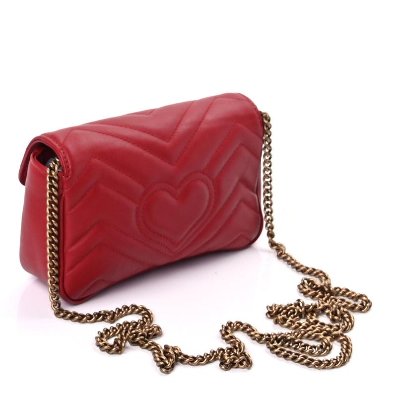  Gucci Calfskin Matelasse Super Mini GG Marmont Shoulder Bag  Hibiscus Red