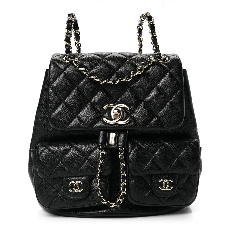  Chanel Shiny Caviar Quilted Small Duma Pockets Drawstring Backpack Black