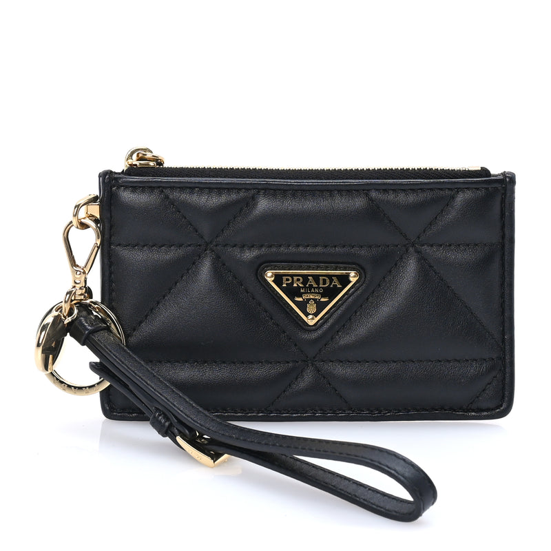  Prada Nappa Quilted Triangle Zip Card Holder  Black