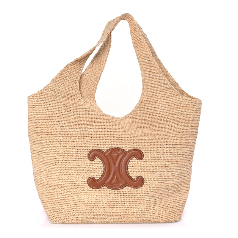  Celine Raffia Calfskin Classic Panier Shopper Cabas Natural Tan