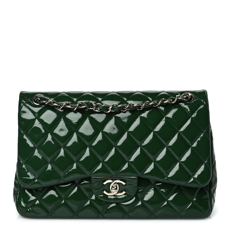  Chanel Patent Quilted Jumbo Double Flap Green