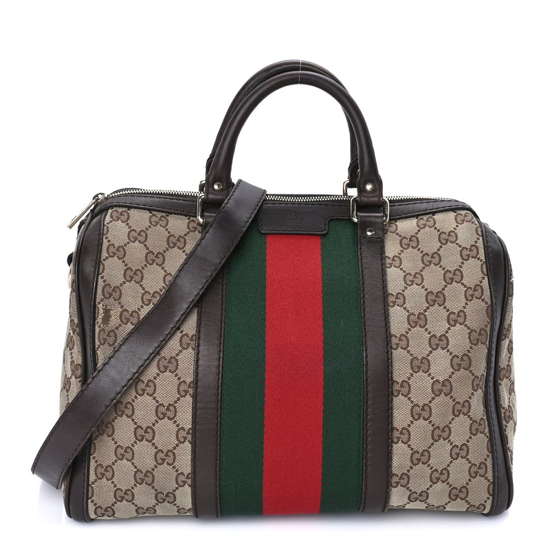  Gucci Monogram Selleria Calfskin Vintage Web Medium Boston Beige Ebony Cocoa Beige Ebony Cocoa