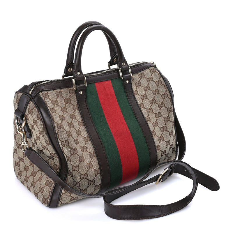  Gucci Monogram Selleria Calfskin Vintage Web Medium Boston Beige Ebony Cocoa Beige Ebony Cocoa