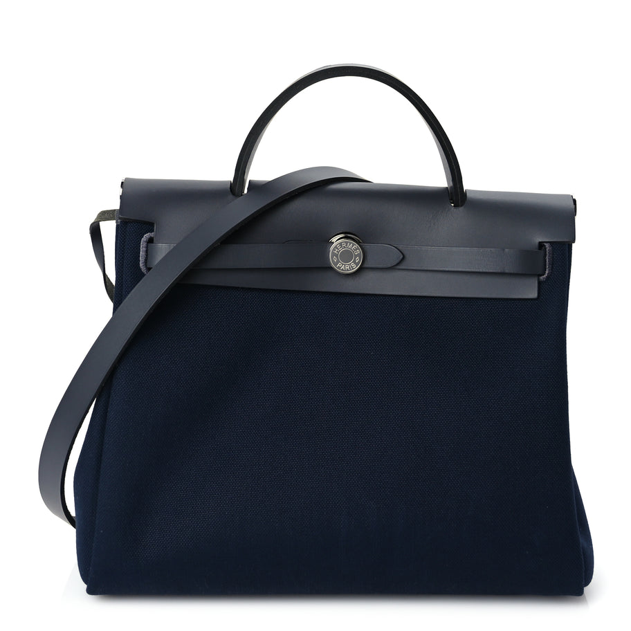 Hermes Military Toile Vache Hunter Herbag Zip Retourne 31 PM Bleu Marine Black Image 1