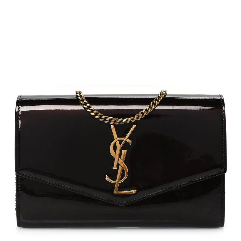  Saint Laurent Patent Uptown Chain Wallet Nut Brown