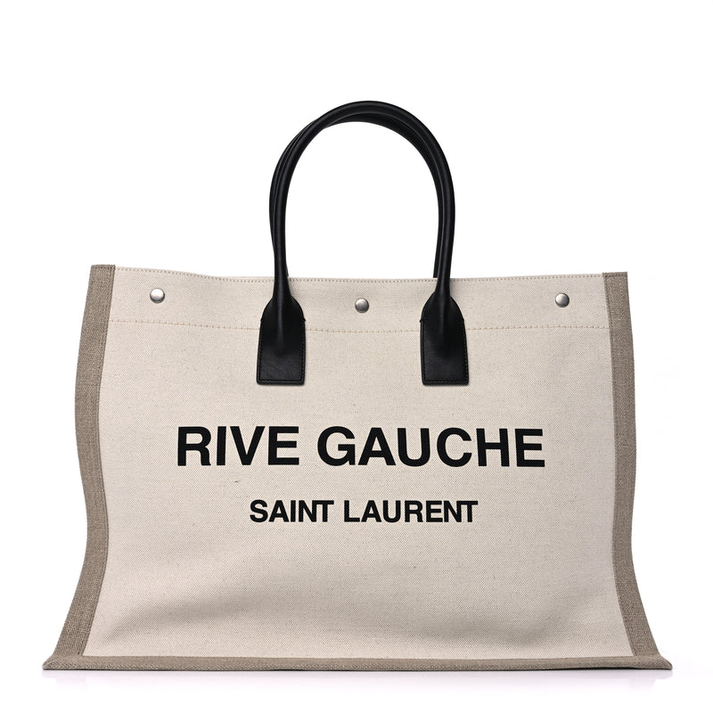  Saint Laurent Linen Calfskin Small Rive Gauche Tote  Greggio Natural