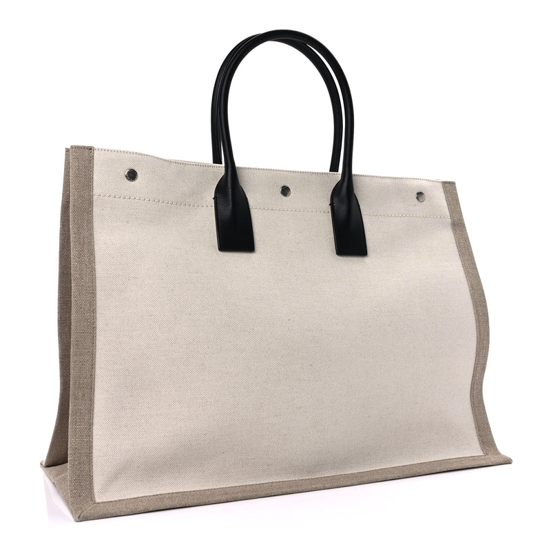  Saint Laurent Linen Calfskin Small Rive Gauche Tote  Greggio Natural