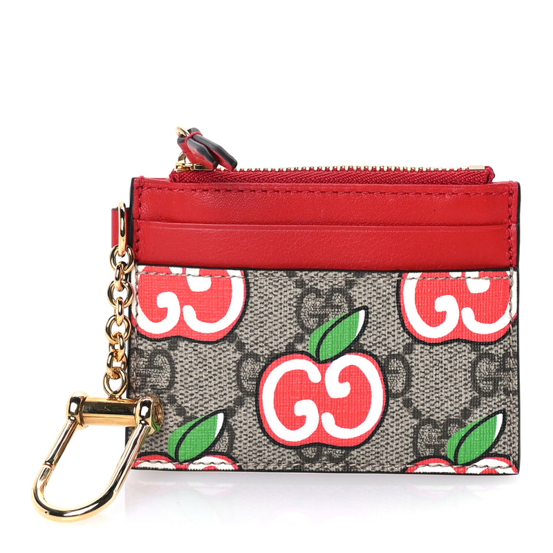  Gucci GG Supreme Monogram Apple Key Coin Case Card Holder Beige Multicolor Lobster Red