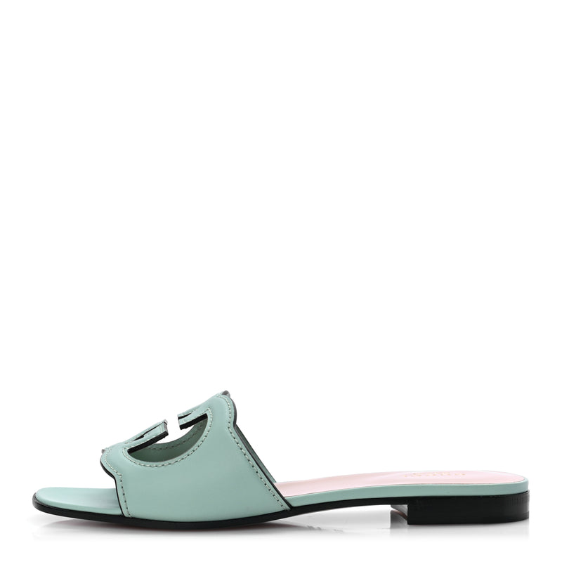  Gucci Cosmos Softy Calfskin Interlocking G Cut Out Slide Sandals 36.5 Light Pastel Green