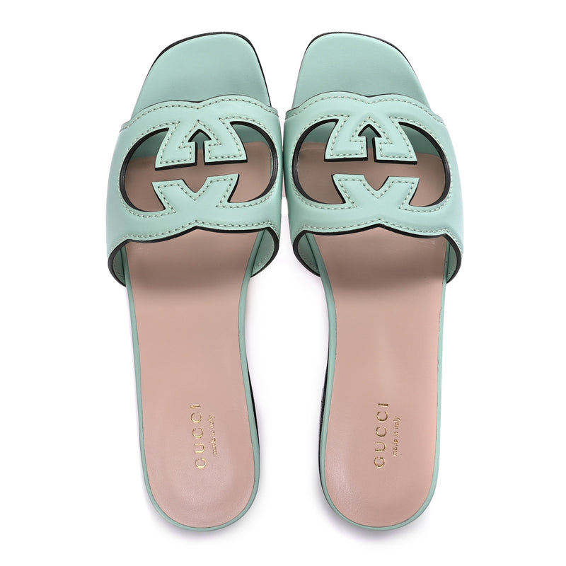  Gucci Cosmos Softy Calfskin Interlocking G Cut Out Slide Sandals 36.5 Light Pastel Green