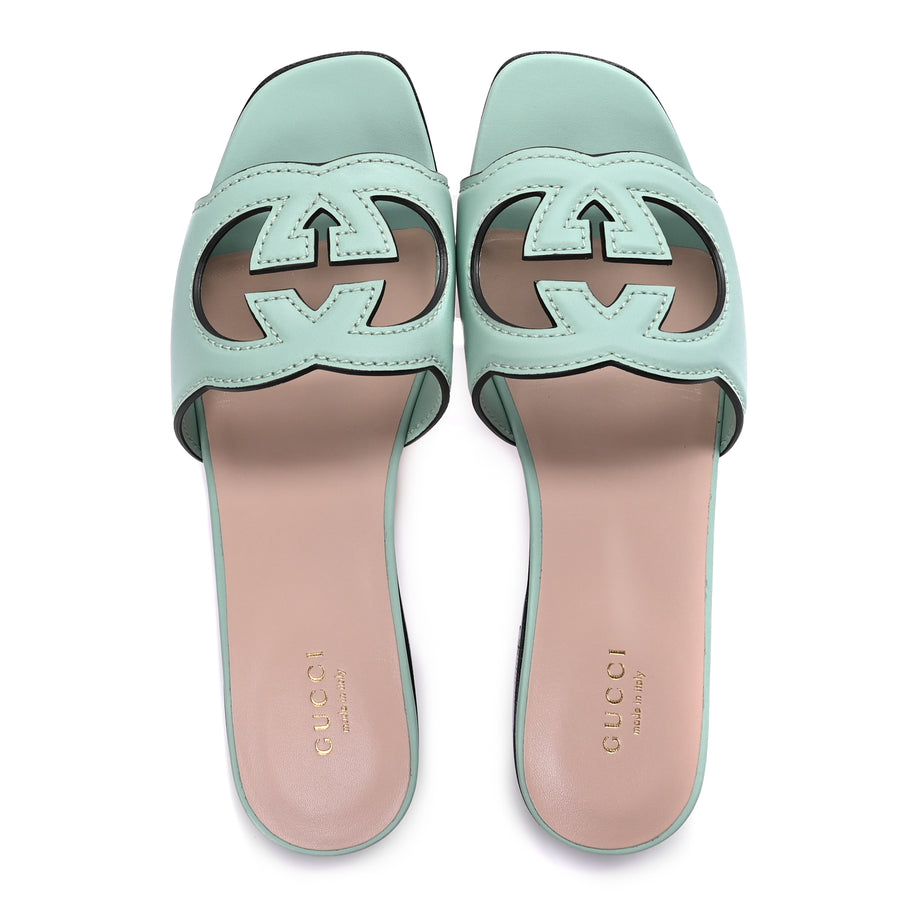Gucci Cosmos Softy Calfskin Interlocking G Cut Out Slide Sandals 36.5 Light Pastel Green Image 2