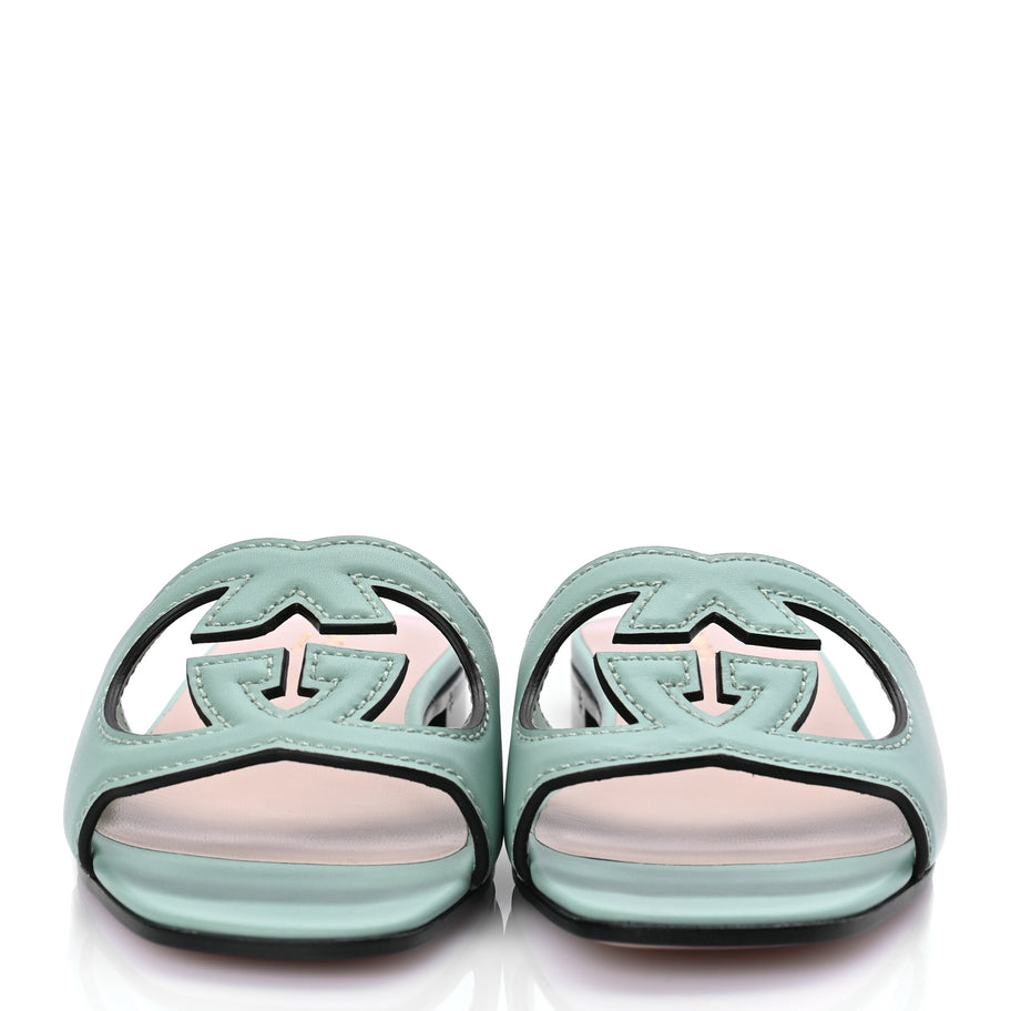 Gucci Cosmos Softy Calfskin Interlocking G Cut Out Slide Sandals 36.5 Light Pastel Green Image 3