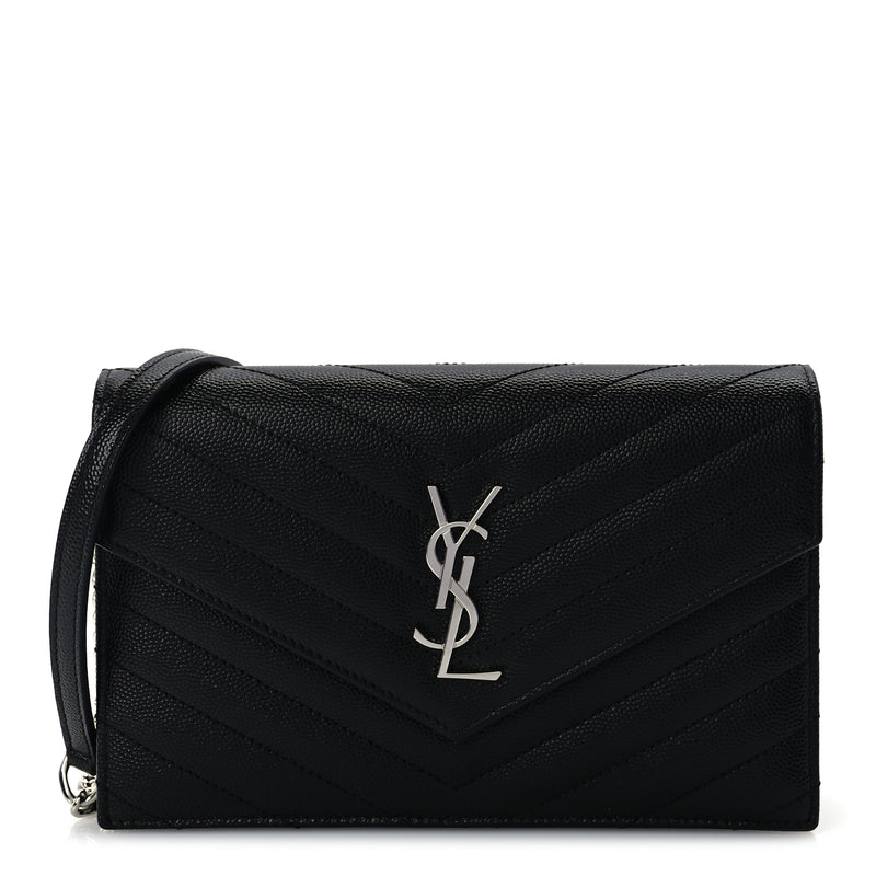  Saint Laurent Grain De Poudre Matelasse Chevron Monogram Envelope Chain Wallet  Black