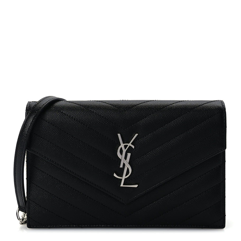 Saint Laurent Grain De Poudre Matelasse Chevron Monogram Envelope Chain Wallet  Black Image 1