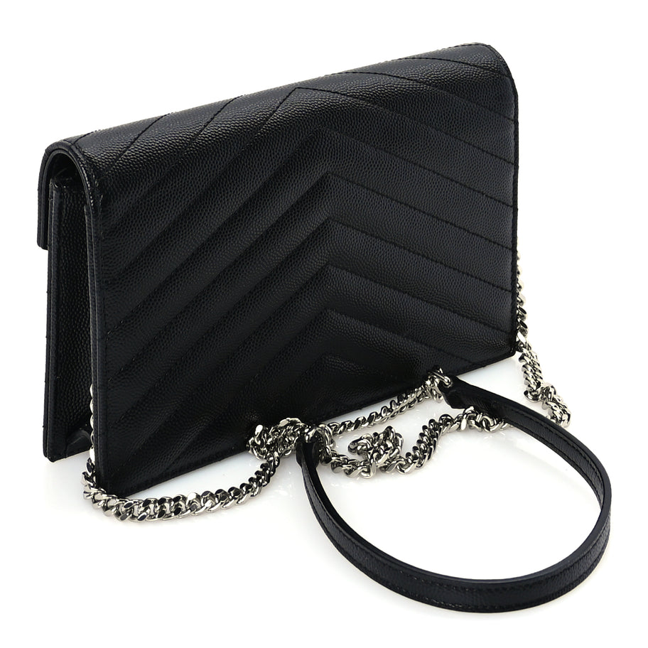 Saint Laurent Grain De Poudre Matelasse Chevron Monogram Envelope Chain Wallet  Black Image 2