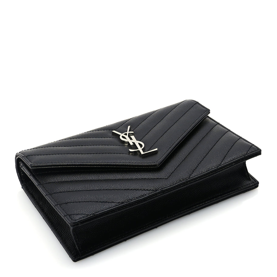 Saint Laurent Grain De Poudre Matelasse Chevron Monogram Envelope Chain Wallet  Black Image 3