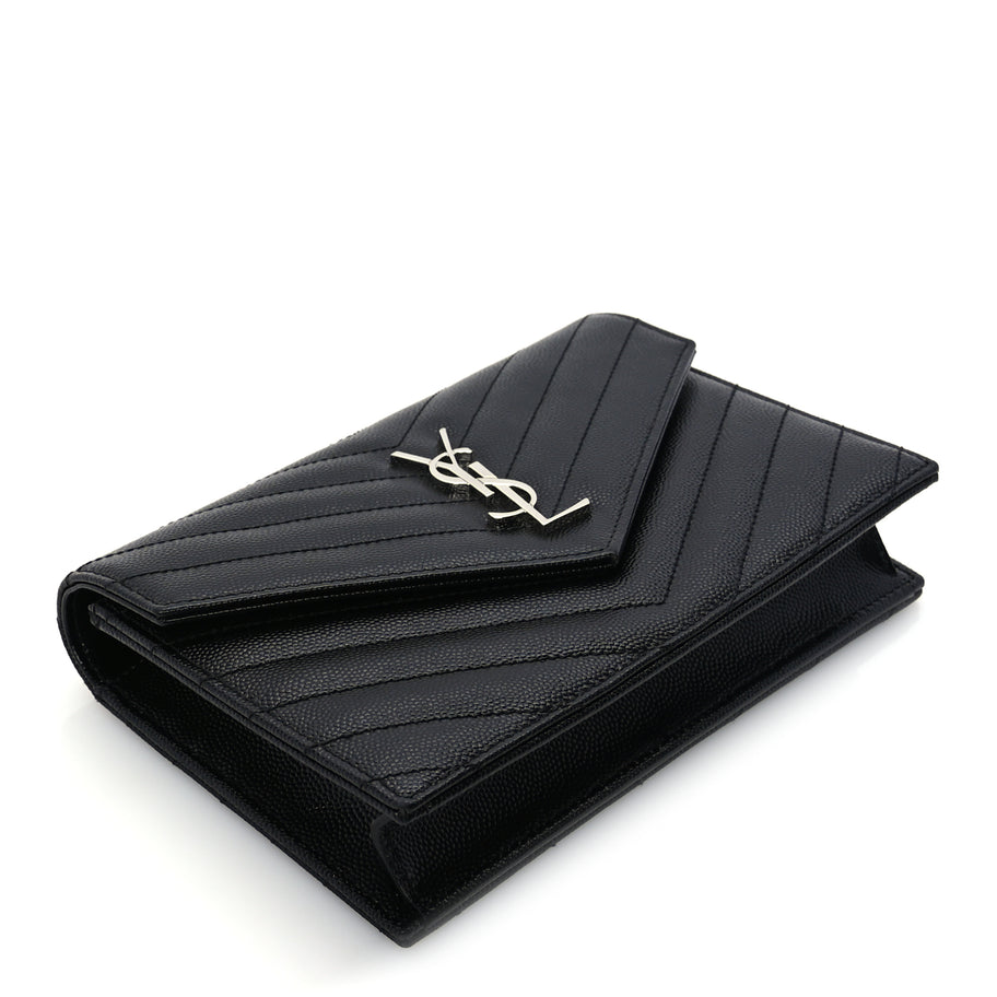 Saint Laurent Grain De Poudre Matelasse Chevron Monogram Envelope Chain Wallet  Black Image 7