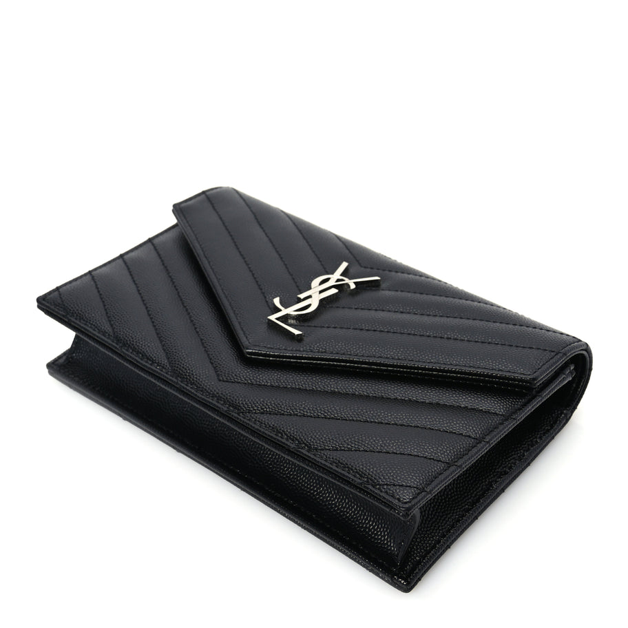 Saint Laurent Grain De Poudre Matelasse Chevron Monogram Envelope Chain Wallet  Black Image 8
