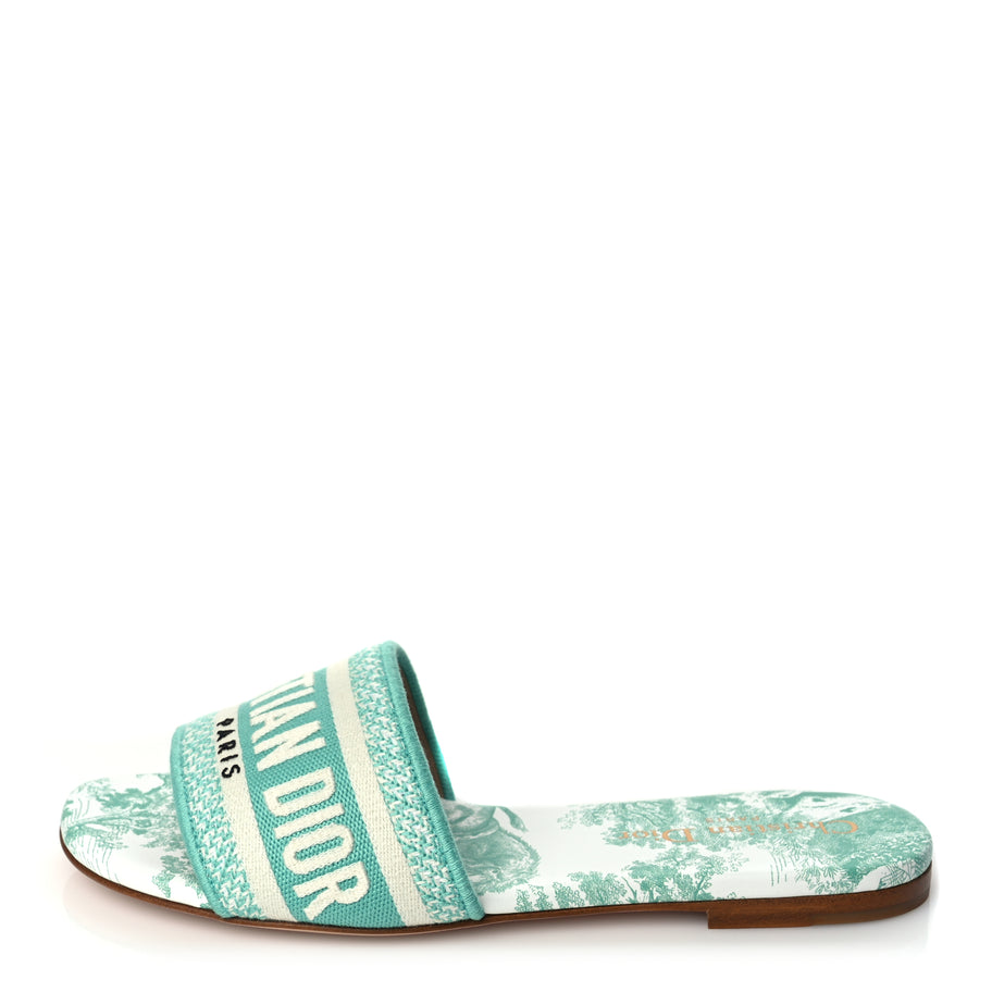 Christian Dior Canvas Toile De Jouy Embroidered Dway Flat Slide Sandals 36 Aquamarine Image 1