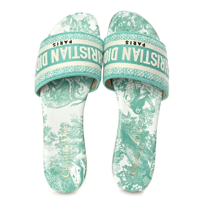  Christian Dior Canvas Toile De Jouy Embroidered Dway Flat Slide Sandals 36 Aquamarine