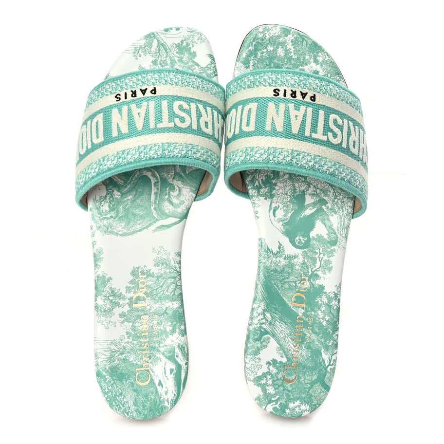 Christian Dior Canvas Toile De Jouy Embroidered Dway Flat Slide Sandals 36 Aquamarine Image 2