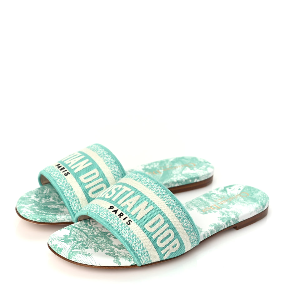 Christian Dior Canvas Toile De Jouy Embroidered Dway Flat Slide Sandals 36 Aquamarine Image 3