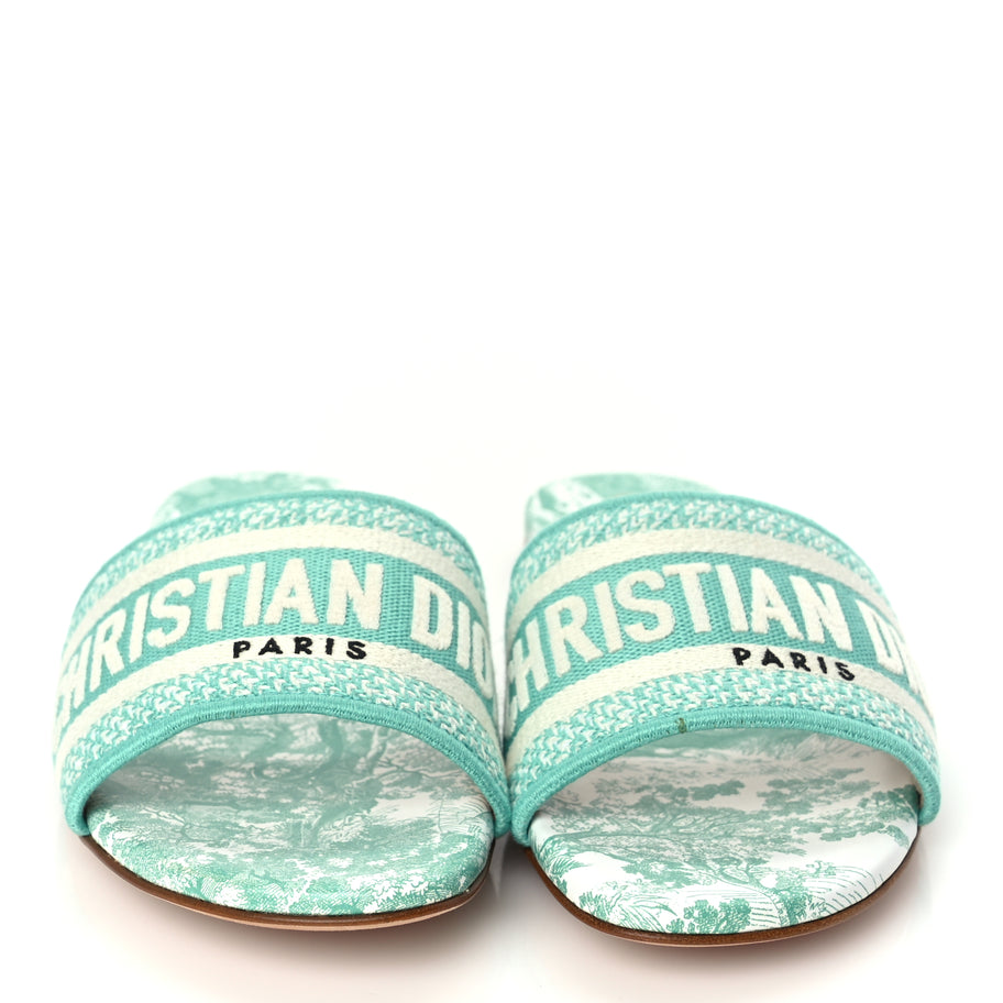 Christian Dior Canvas Toile De Jouy Embroidered Dway Flat Slide Sandals 36 Aquamarine Image 5