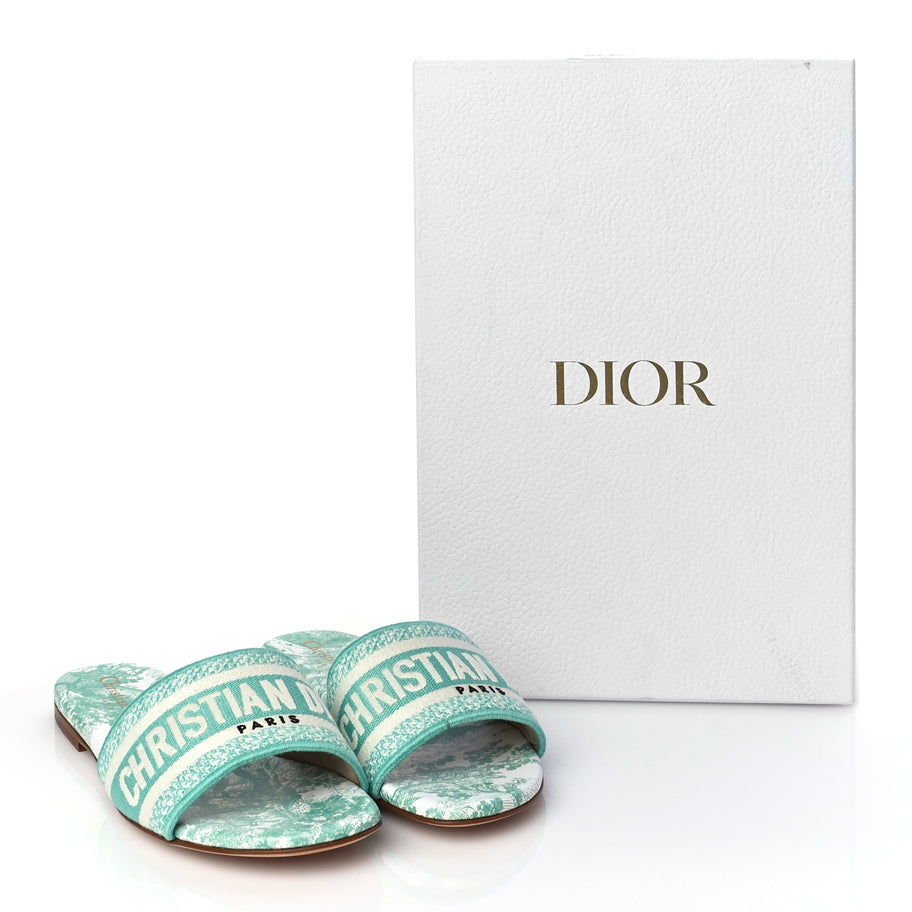 Christian Dior Canvas Toile De Jouy Embroidered Dway Flat Slide Sandals 36 Aquamarine Image 9