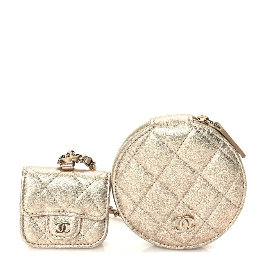 Chanel Metallic Lambskin Quilted Round Clip On Coin Purse Airpods Case  Gold Image 1