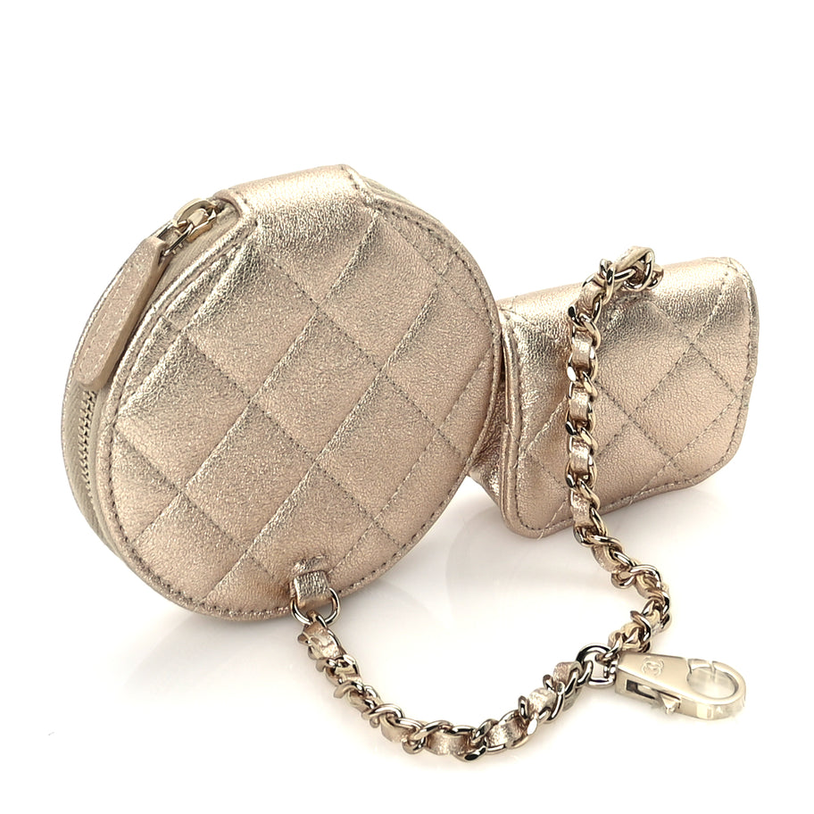 Chanel Metallic Lambskin Quilted Round Clip On Coin Purse Airpods Case  Gold Image 2