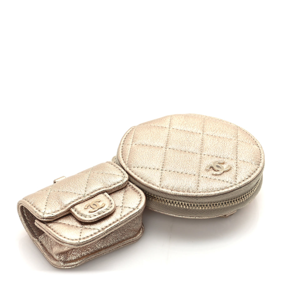 Chanel Metallic Lambskin Quilted Round Clip On Coin Purse Airpods Case  Gold Image 3