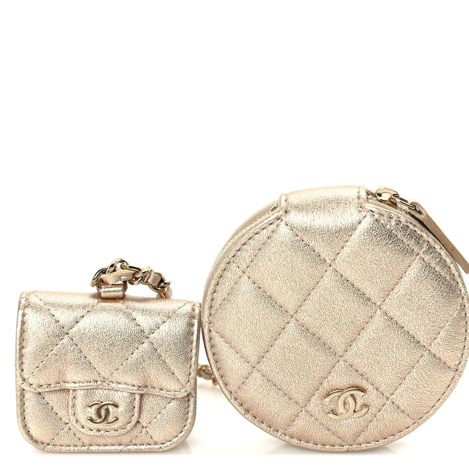 Chanel Metallic Lambskin Quilted Round Clip On Coin Purse Airpods Case  Gold Image 7