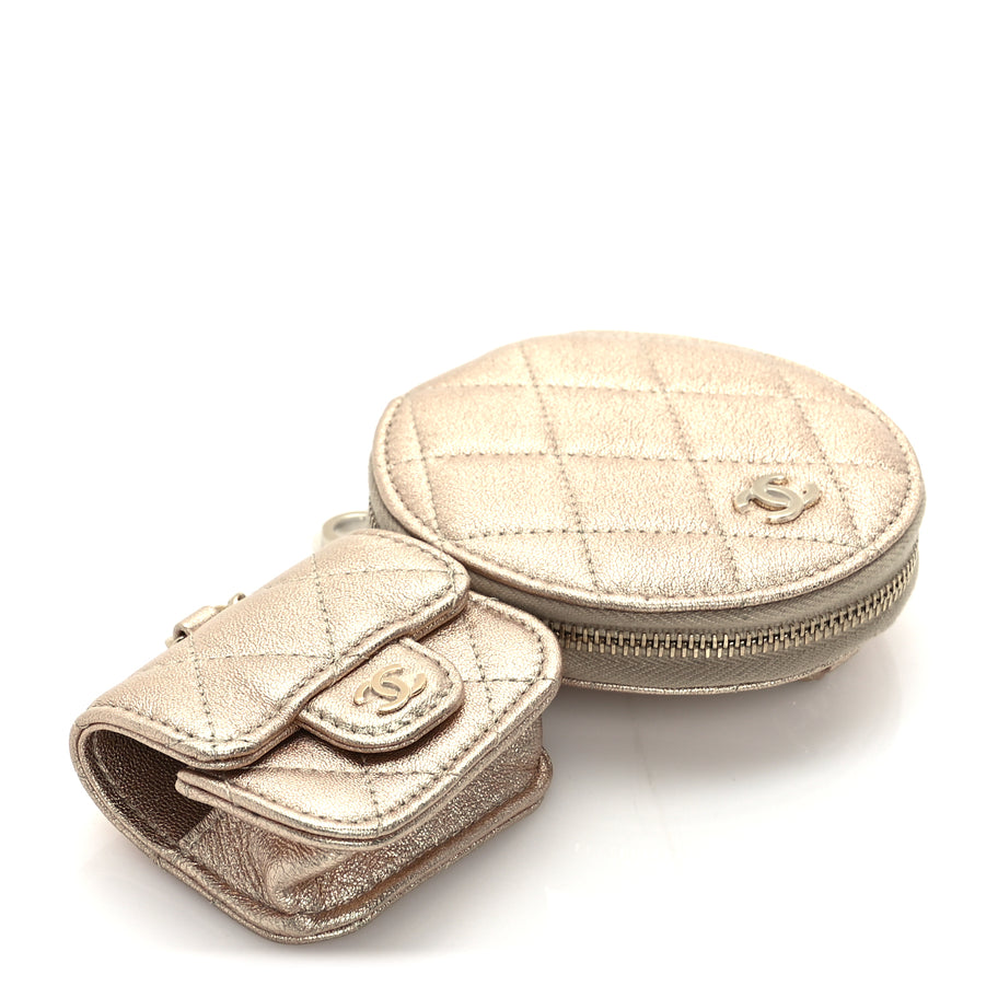 Chanel Metallic Lambskin Quilted Round Clip On Coin Purse Airpods Case  Gold Image 8