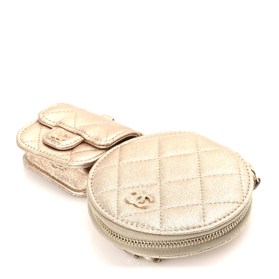 Chanel Metallic Lambskin Quilted Round Clip On Coin Purse Airpods Case  Gold Image 9