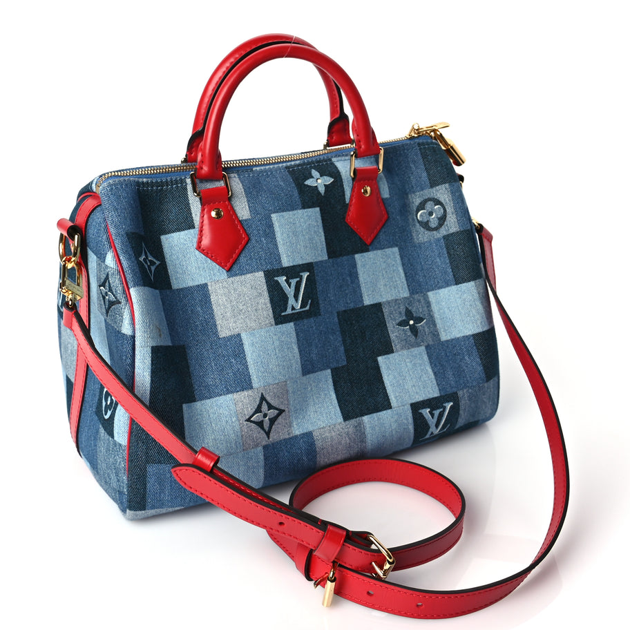 Louis Vuitton Denim Damier Monogram Patchwork Speedy Bandouliere 30 Blue Rouge Image 2
